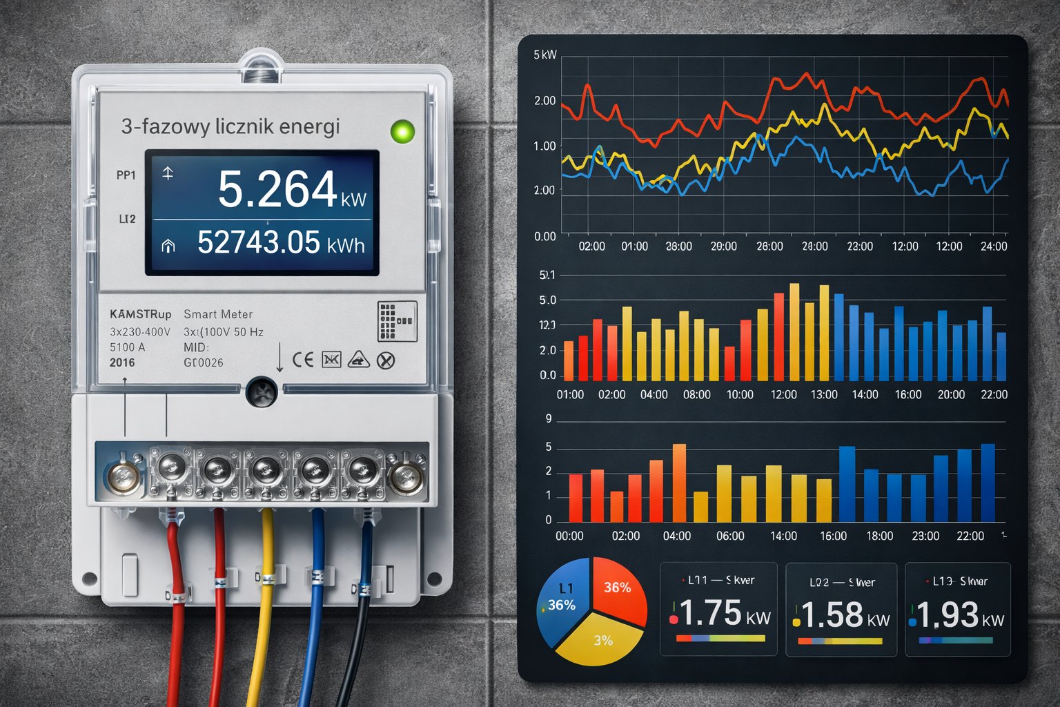 Trójfazowy licznik energii z wykresami